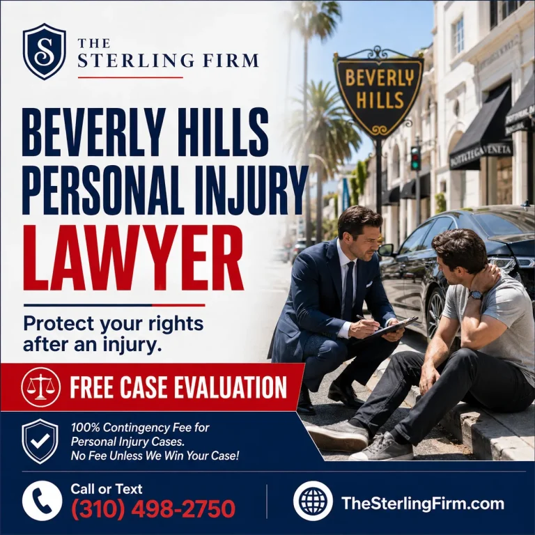 Beverly Hills personal injury lawyer speaking with an injured client near a vehicle on a palm-lined Beverly Hills street.