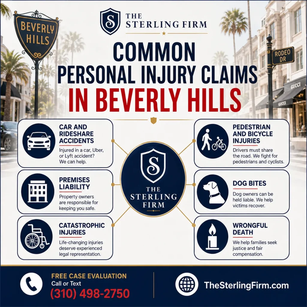 Infographic showing common personal injury claims in Beverly Hills, including car and rideshare accidents, pedestrian and bicycle injuries, premises liability, dog bites, catastrophic injuries, and wrongful death.