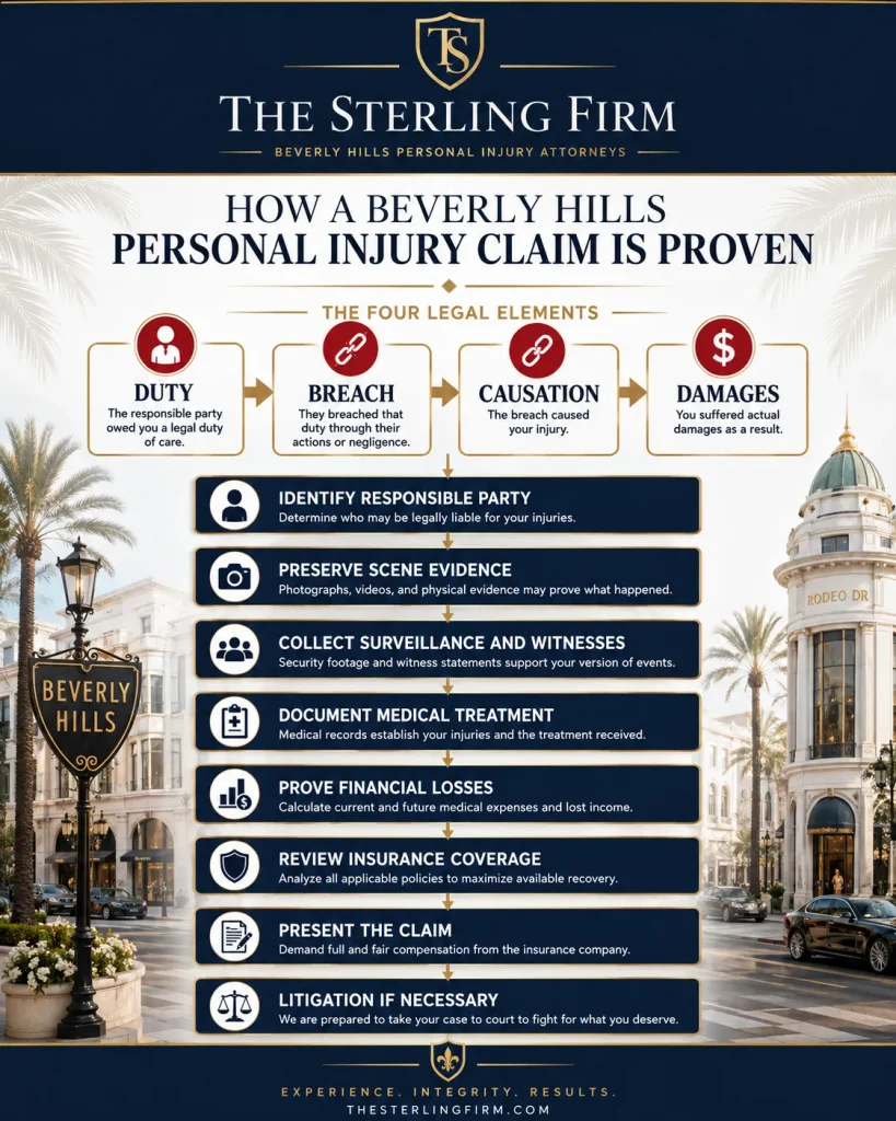 Flowchart infographic showing how a Beverly Hills personal injury claim is proven through duty, breach, causation, damages, evidence, insurance review, and litigation if necessary.